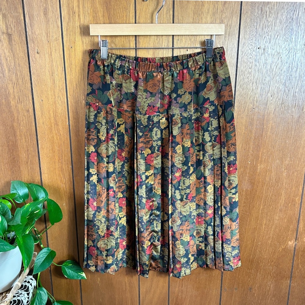 Vintage Floral Pleated Midi Skirt Women's Size‎ 16 Elastic Waist All Over Print